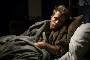 a man is wrapped in a blanket in bed generative ai photo