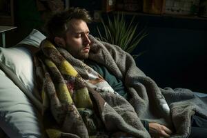 a man is wrapped in a blanket on a bed generative ai photo