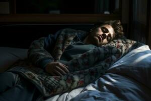 a man sleeping on a bed generative ai photo