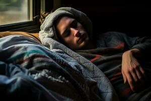 a man sleeping on a couch with a blanket over him generative ai photo