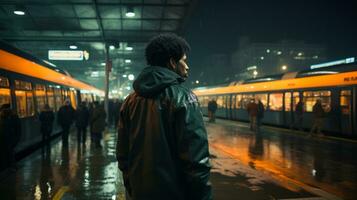 a man standing in front of a train station at night generative ai photo