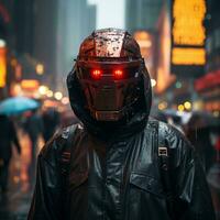 un hombre vistiendo un casco con rojo luces en eso en el lluvia generativo ai foto