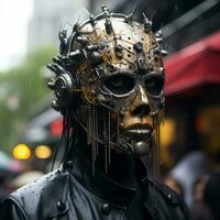 a man wearing a mask with metal gears on it generative ai photo