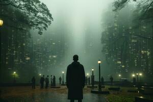 a man standing in the middle of a park in the fog generative ai photo