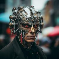 a man wearing a metal mask with red eyes generative ai photo