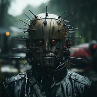 a man wearing a pinhead mask in the rain generative ai photo