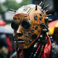 a man wearing a mask with many metal parts on it generative ai photo