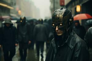 a man wearing a helmet in the middle of a group of people generative ai photo