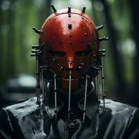 a man wearing a red mask with spikes on it generative ai photo