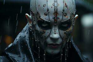 a man wearing a mask with chains on his face in the rain generative ai photo