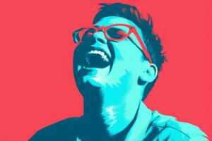 a man wearing glasses and laughing in front of a red background generative ai photo