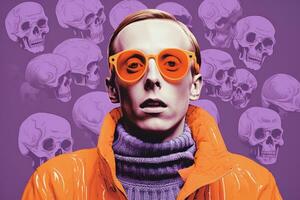 a man wearing orange glasses and an orange sweater in front of a bunch of skulls generative ai photo