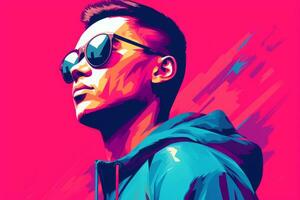 a man wearing sunglasses and a hoodie in front of a colorful background generative ai photo