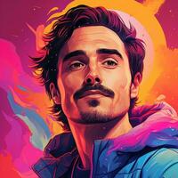 a man with a moustache and a colorful background generative ai photo