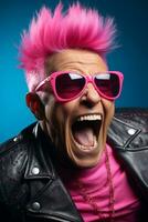 a man with a pink mohawk wearing sunglasses and a leather jacket generative ai photo