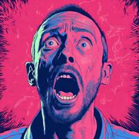 a man with his mouth open in front of a pink and blue background generative ai photo