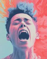 a man with his mouth open in front of a colorful background generative ai photo