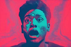 a man with his mouth open in front of a pink and blue background generative ai photo