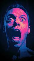 a man with his mouth wide open in front of a blue and pink background generative ai photo