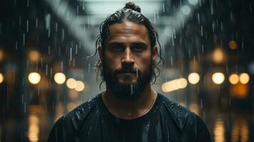 a man with long hair and beard standing in the rain generative ai photo