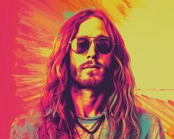 a man with long hair and sunglasses in front of a colorful background generative ai photo