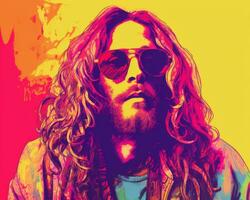 a man with long hair and sunglasses in front of a colorful background generative ai photo