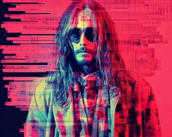 a man with long hair and sunglasses standing in front of a red and pink background generative ai photo