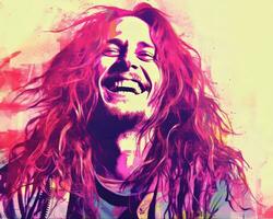 a man with long hair is smiling in front of a colorful background generative ai photo