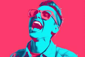 a man with sunglasses is laughing in front of a pink background generative ai photo