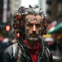 un hombre con alambres adjunto a su cabeza en el ciudad generativo ai foto