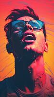 a man with sunglasses on his face in front of a colorful background generative ai photo