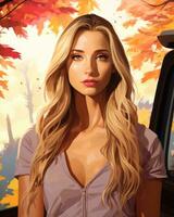 un pintura de un hermosa rubia mujer en frente de un coche generativo ai foto