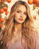 un pintura de un hermosa rubia mujer con largo pelo en frente de un naranja árbol generativo ai foto
