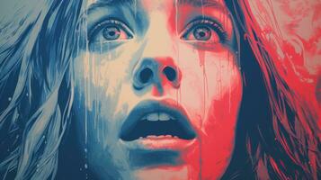 a movie poster with the face of a woman in red and blue generative ai photo