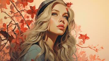 a painting of a beautiful blonde woman with red flowers generative ai photo