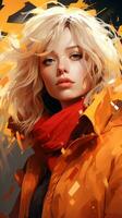 a painting of a blonde woman in an orange jacket generative ai photo