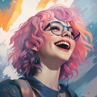 a painting of a girl with pink hair and glasses generative ai photo