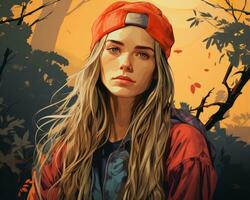 a painting of a girl with long hair and a red hat generative ai photo