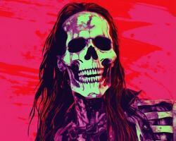 a painting of a skeleton with long hair on a red background generative ai photo