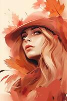 a painting of a woman in a hat and autumn leaves generative ai photo