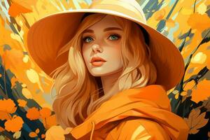 un pintura de un mujer en un naranja Saco y sombrero generativo ai foto