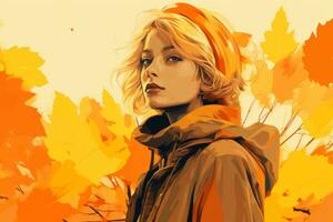 a painting of a woman standing in front of autumn leaves generative ai photo