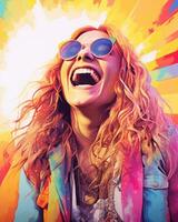 a painting of a woman laughing with sunglasses on generative ai photo