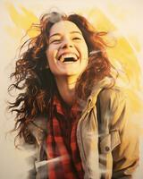 un pintura de un mujer riendo con su pelo soplo en el viento generativo ai foto