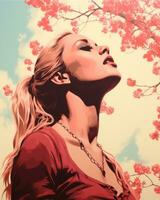 a painting of a woman looking up at the sky with cherry blossoms in the background generative ai photo