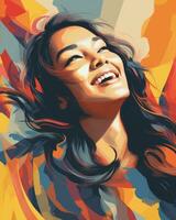 un pintura de un mujer sonriente con su pelo soplo en el viento generativo ai foto