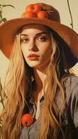 a painting of a woman wearing a hat and holding oranges generative ai photo
