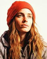 a painting of a woman wearing a red beanie generative ai photo