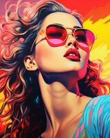 a painting of a woman wearing sunglasses and a colorful background generative ai photo