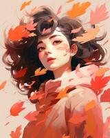 a painting of a woman with autumn leaves falling from her hair generative ai photo